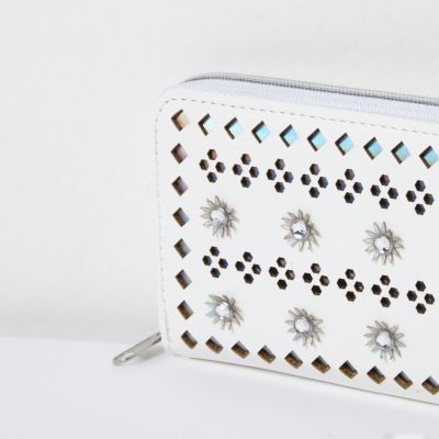 Girls white perforated zip top purse